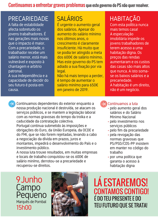 A situação dos jovens trabalhadores e do nosso País continua marcada por décadas de políticas de direita. Mas nada é impossível de mudar. Hoje e sempre, a luta dos trabalhadores é decisiva. Derrotámos o governo PSD/CDS-PP, cujos partidos ficaram em minoria na Assembleia da República.  Na nova fase da vida política nacional, conquistámos a reposição de rendimentos e direitos, a reversão de privatizações e algumas medidas e avanços que, embora insuficientes, são resultado da luta que não parou. 